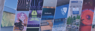 Collage aus mehreren Referenzen der Unilumin Germany GmbH die mit LED-Displays ausgestattet wurden. Darunter unter anderem ein Fernsehstudio, ein Showroom von BMW, ein Fußballstadion und Outdoorwände der Firma Wilo.